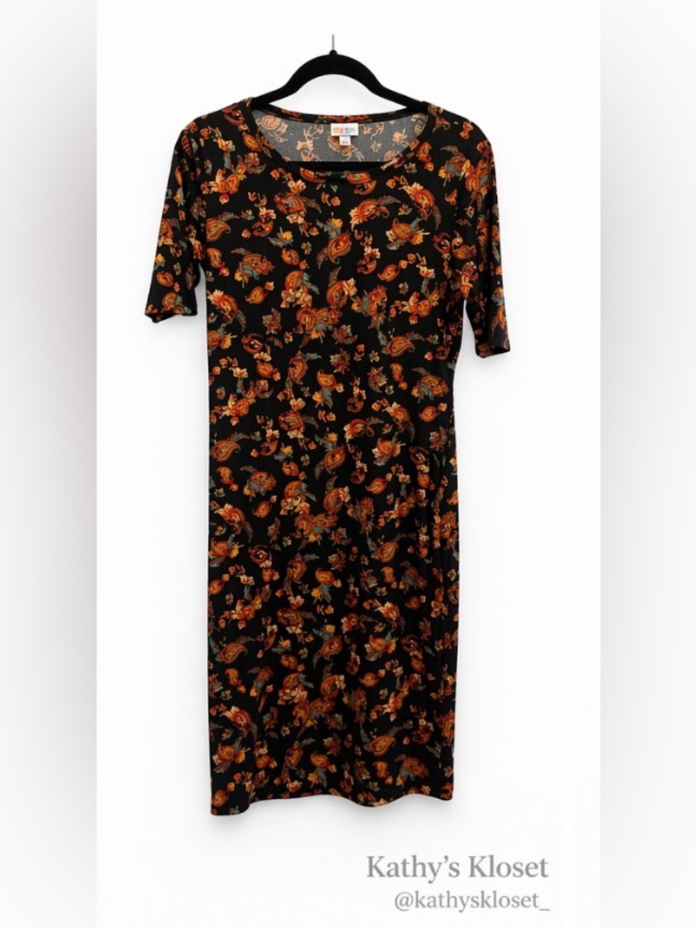 LuLaRoe Black Midi Dress with Rust Floral Paisley Print